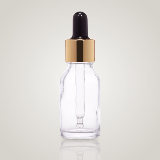 15ml clear glass dropper bottle with gold collar and black teat