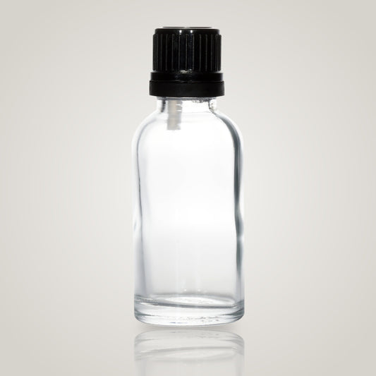 30ml clear glass essential oil bottle with black dropper