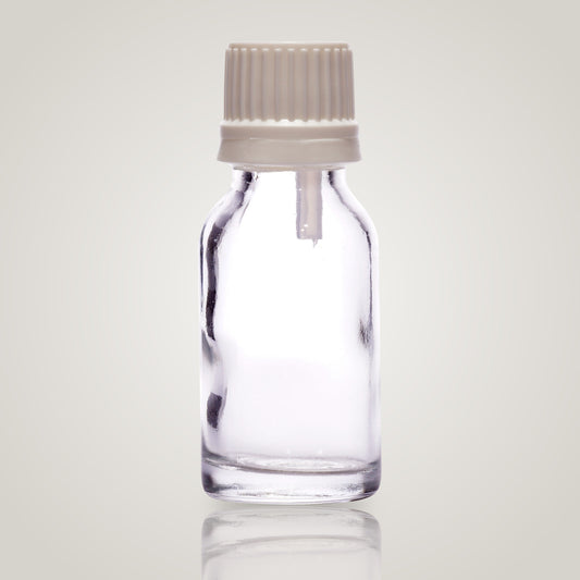 30ml clear glass essential oil bottle with white dropper