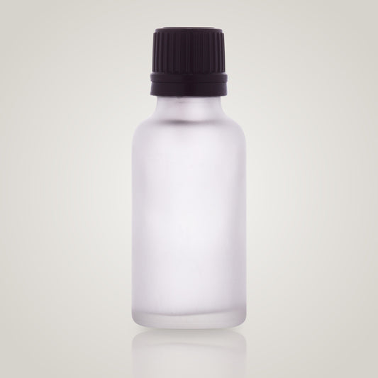 30ml frosted clear glass essential oil bottle with black dropper
