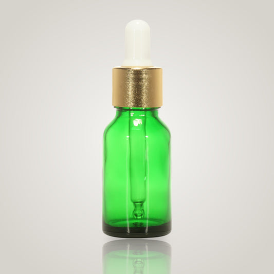 15ml green glass dropper bottle with gold collar and white teat