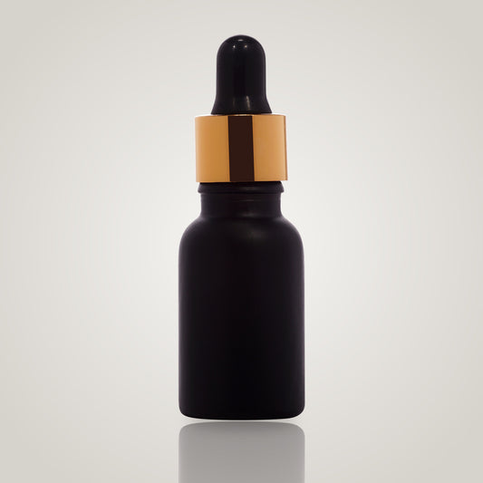 15ml black glass dropper bottle with gold collar and black teat