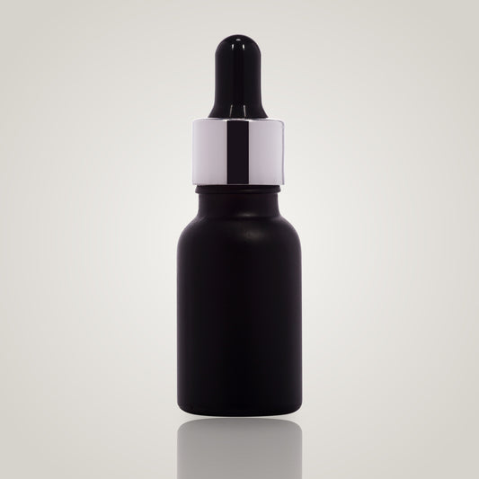 15ml black glass dropper bottle with silver collar and black teat