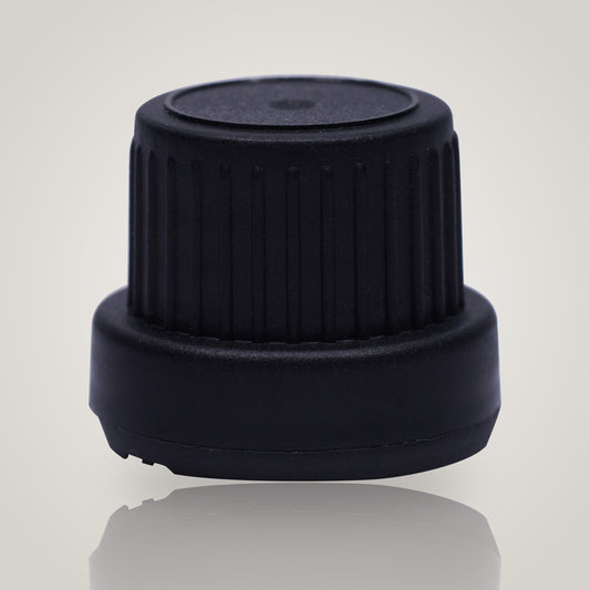 18mm black plastic tamper-proof cap, type 1, for euro dropper bottles