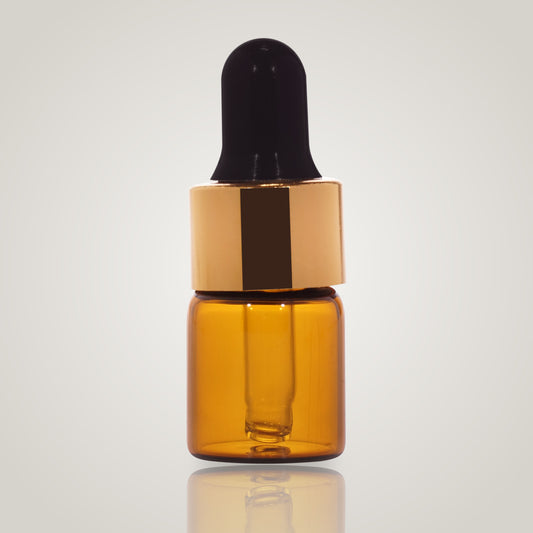 2ml amber glass dropper vial with gold collar and black teat