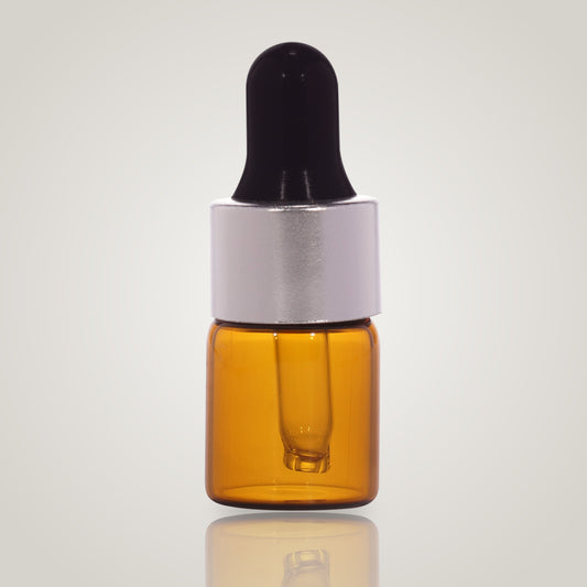 2ml amber glass dropper vial with silver collar and black teat