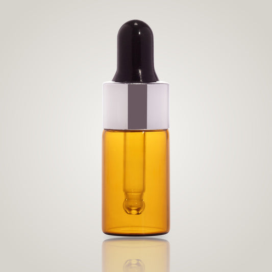 3ml amber borosilicate glass dropper vial with silver collar and black teat