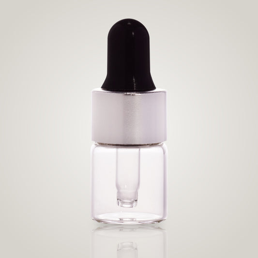 2ml clear glass dropper vial with silver collar and black teat