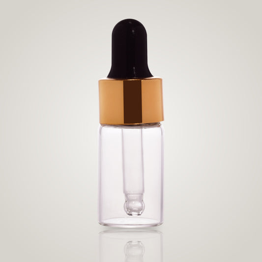 3ml clear borosilicate glass dropper vial with gold collar and black teat