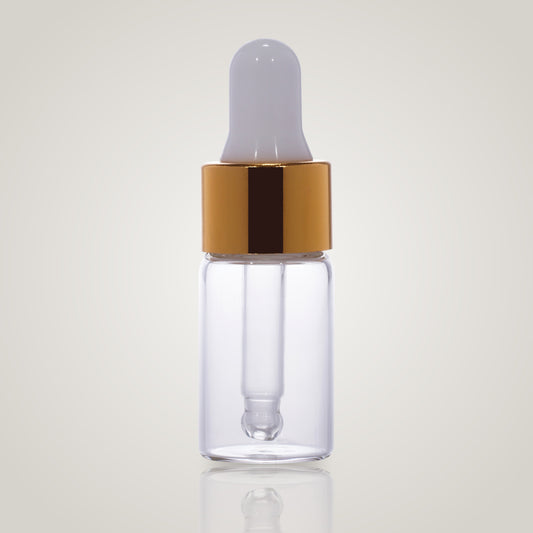 3ml clear borosilicate glass dropper vial with gold collar and white teat