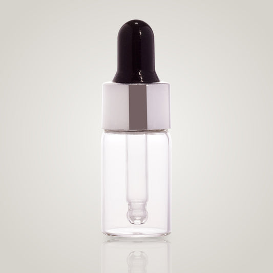 3ml clear borosilicate glass dropper vial with silver collar and black teat