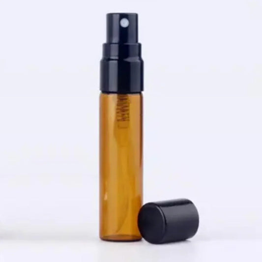 Amber glass spray bottle with black pump and cap for cosmetic packaging