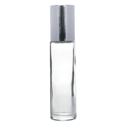 16mm clear glass roll-on bottle with silver steel cap, 10ml, for cosmetic packaging