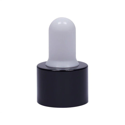 18mm cosmetic glass dropper cap with black base and white silicone bulb