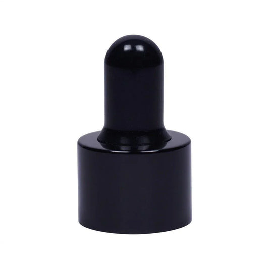 Black 18mm cosmetic glass dropper cap for skincare bottles on white background