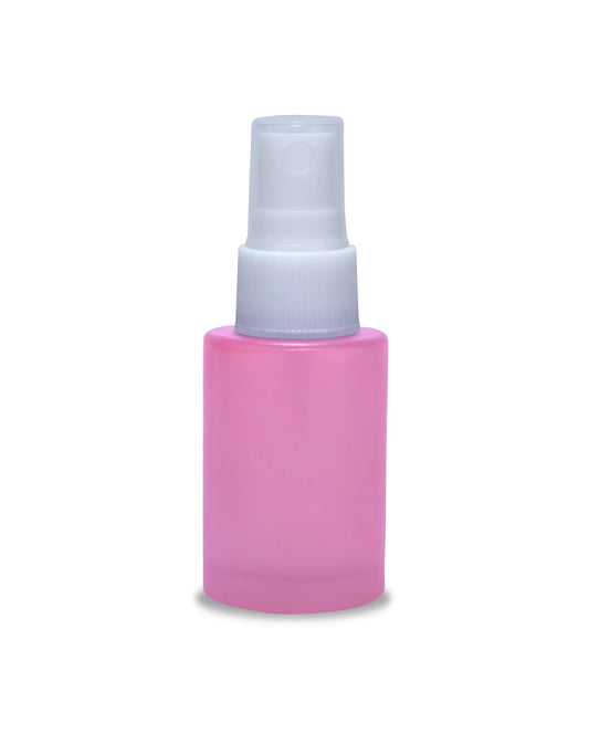 30ml flat neck pink painted glass spray bottle with white plastic pump