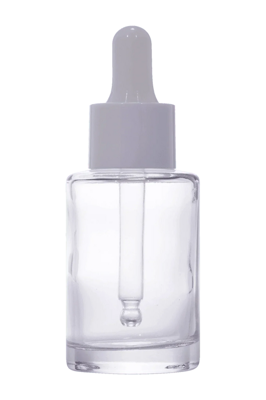30ml clear round glass dropper bottle with flat neck for cosmetic packaging