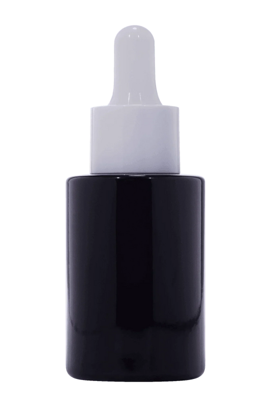 30ml black flat neck round glass dropper bottle for cosmetic packaging