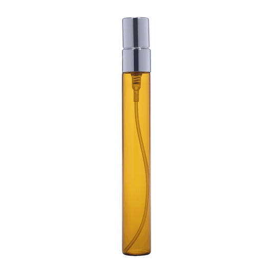 Amber borosilicate glass vial with silver mist spray pump, ideal for cosmetic packaging