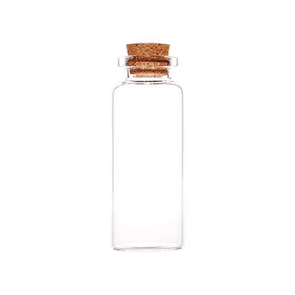 Clear borosilicate glass vial with natural cork stopper, cosmetic packaging