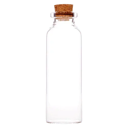 Clear borosilicate glass vial with natural cork stopper, ideal for cosmetic packaging