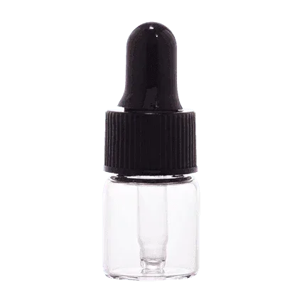 Clear glass dropper bottle with black rubber cap, ideal for cosmetic packaging